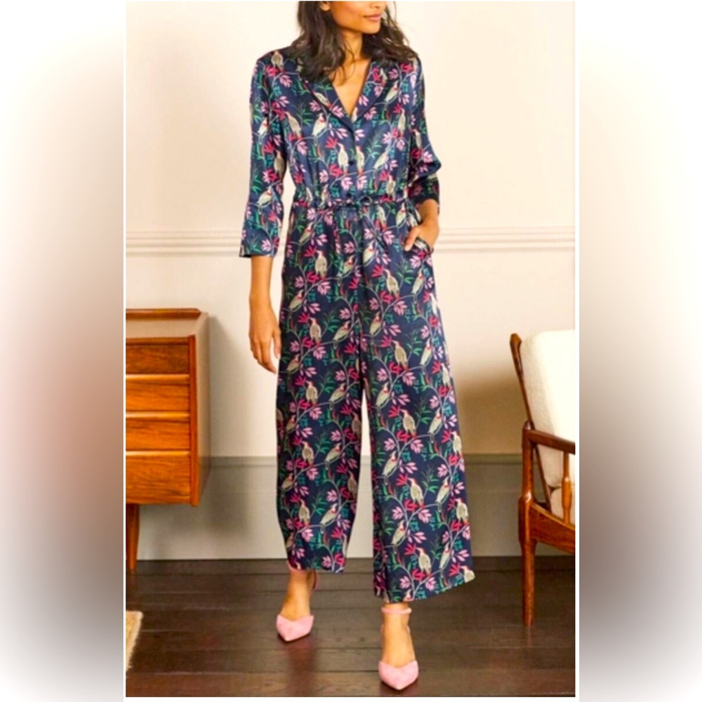 Boden Collar Detail Cropped Jumpsuit French Navy/Berry Bird 6T